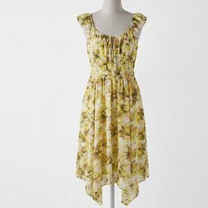 Dizzy Lizzy Yellow Floral Midi Dress Smock Waist Handkerchief Hem Ruffle Medium